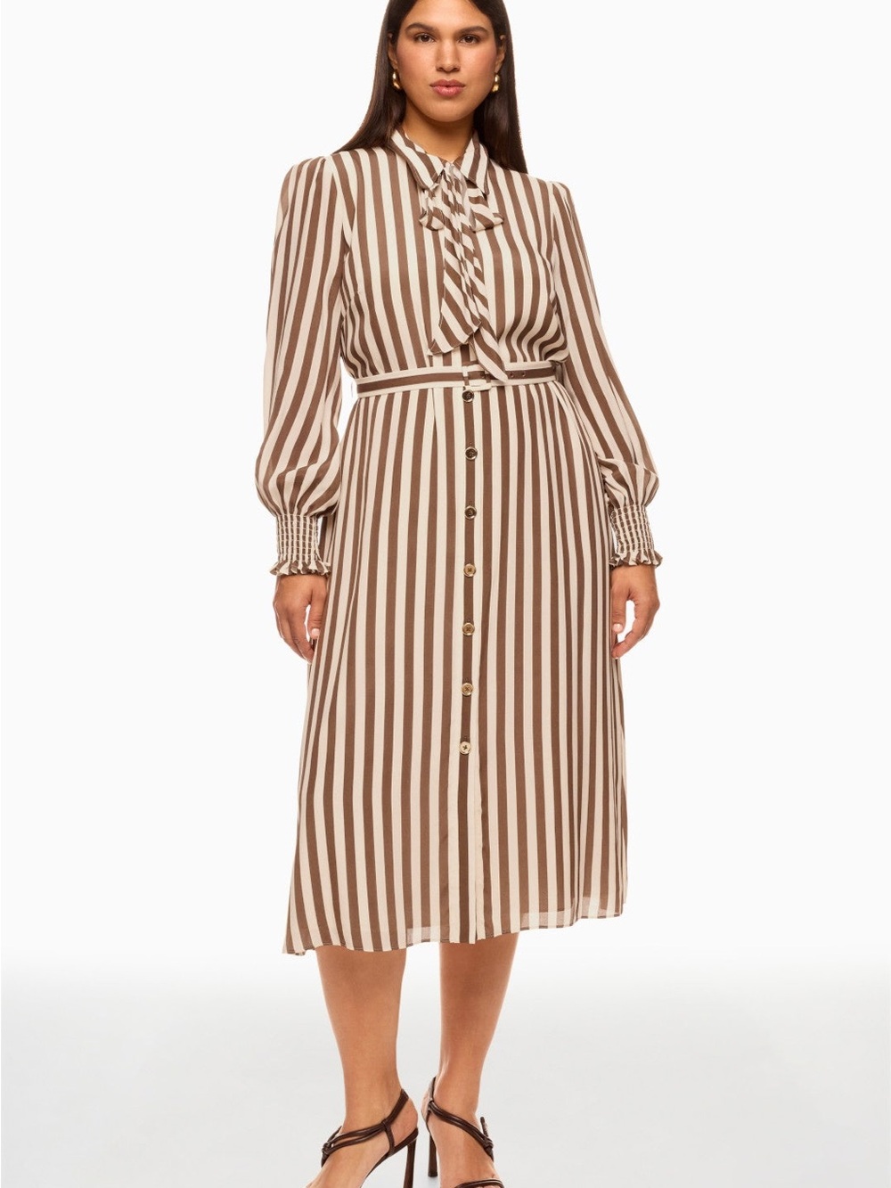 LK Bennett Brown and Cream Striped Tie-Neck Midi Dress